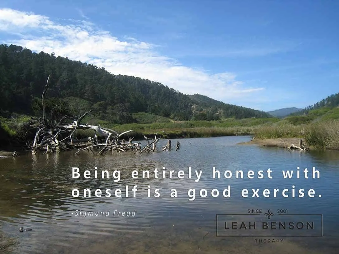 A color photo of mountains and a river with a quote from Freud, "Being Entirely Honest with Oneself is a Good Exercise"