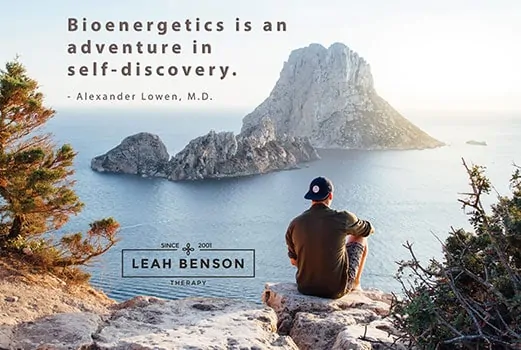 Bioenergetics is an Adventure in Self-discovery, quote by Alexander Lowen.Seated man overlooking the sea.