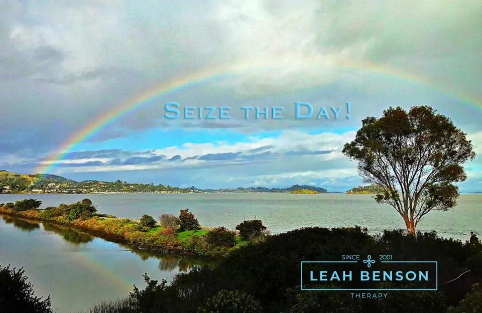 Color photo of rainbow over San Francisco bay with the words, "Seize the Day"