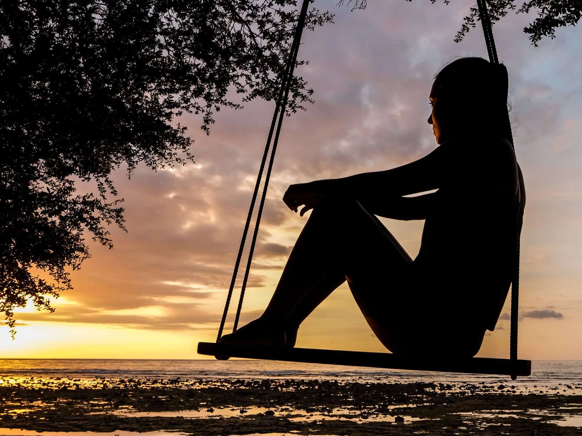 Woman on a swing looking at sunset