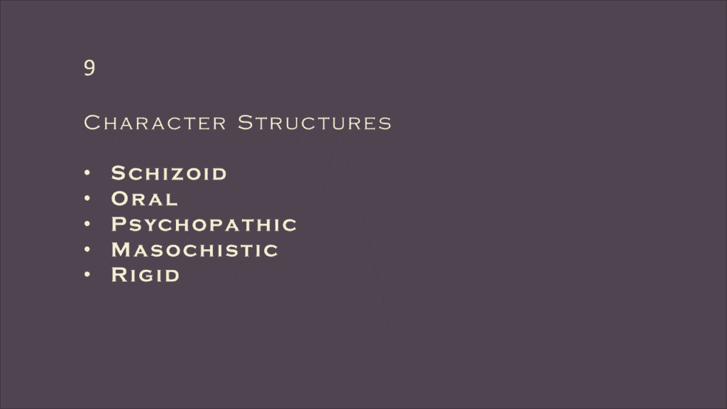 Reich's character structures are; schizoid, oral, psychopathic, masochistic, rigid