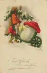 Vintage German empire postcard showing gnome with wheelbarrow and mushroom; depiction of psychedelics in circa 1900s European culture.