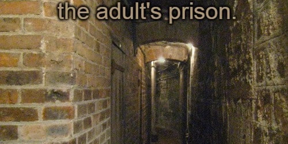 child's fortress = adult prison text written over photo of Paris basement